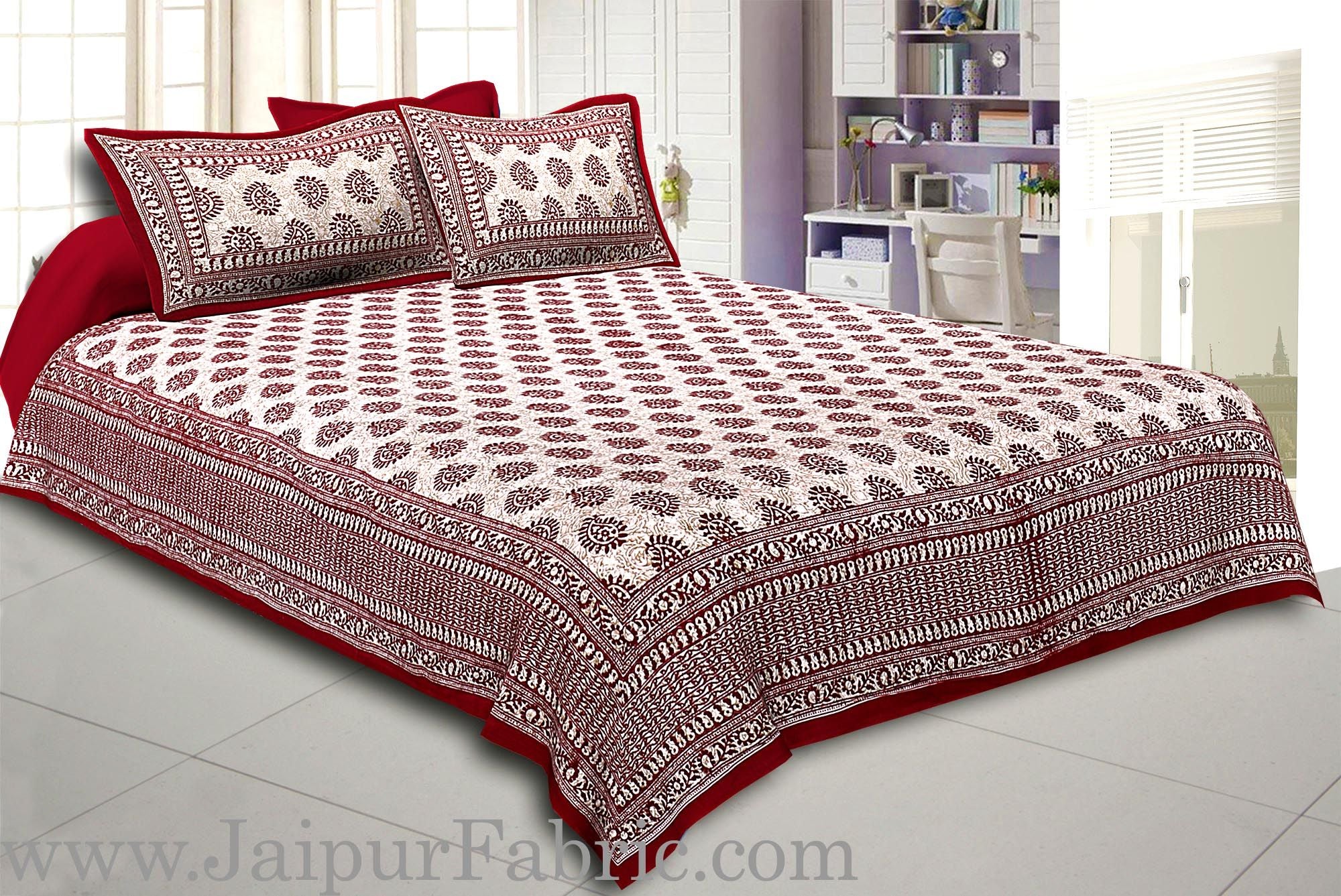 Maroon Border Maroon Base Kerry Pattern Hand Block Print Super Fine Cotton Bed Sheet