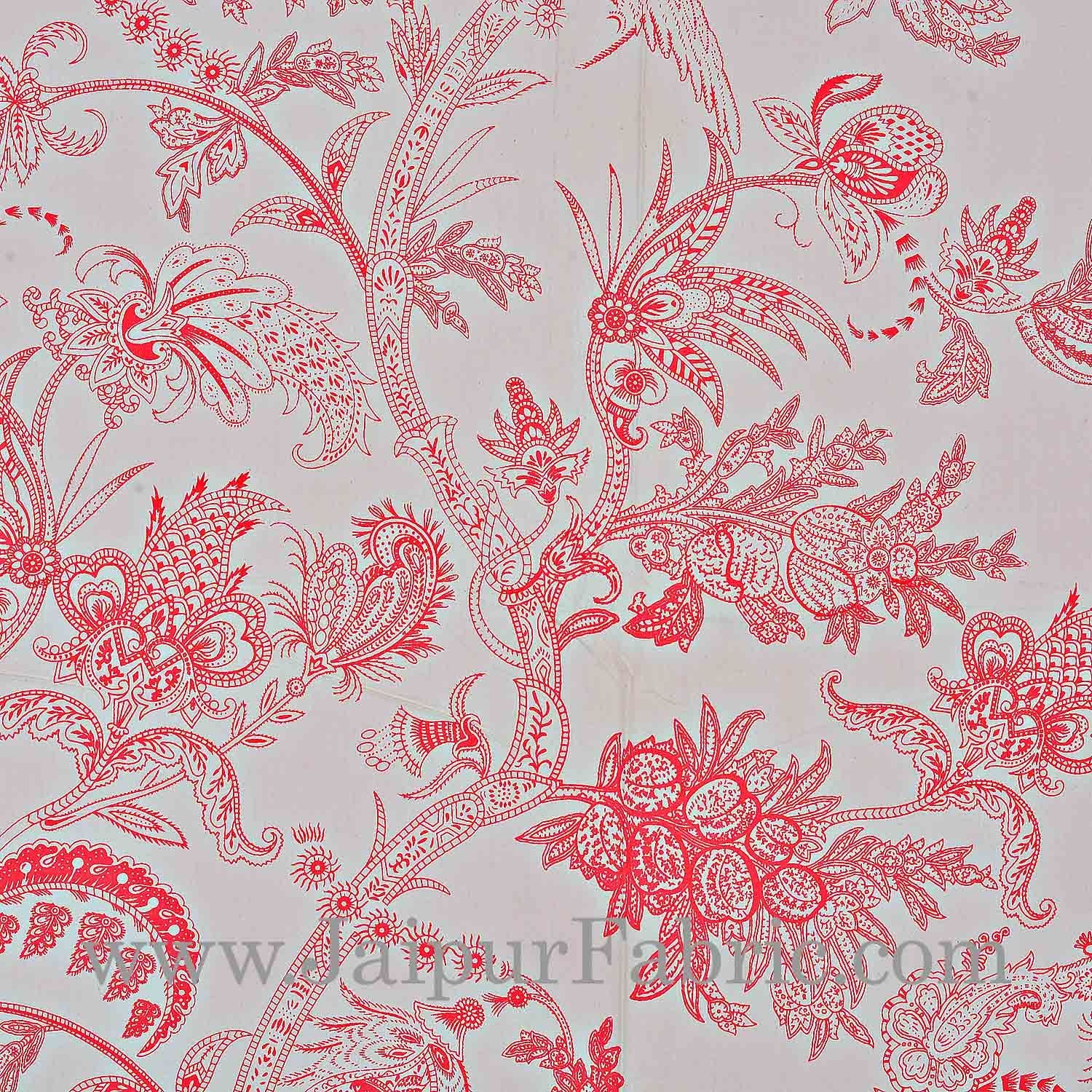 Red Border Cream Base Leaf And Floral Cotton Satin Hand Block Double Bedsheet