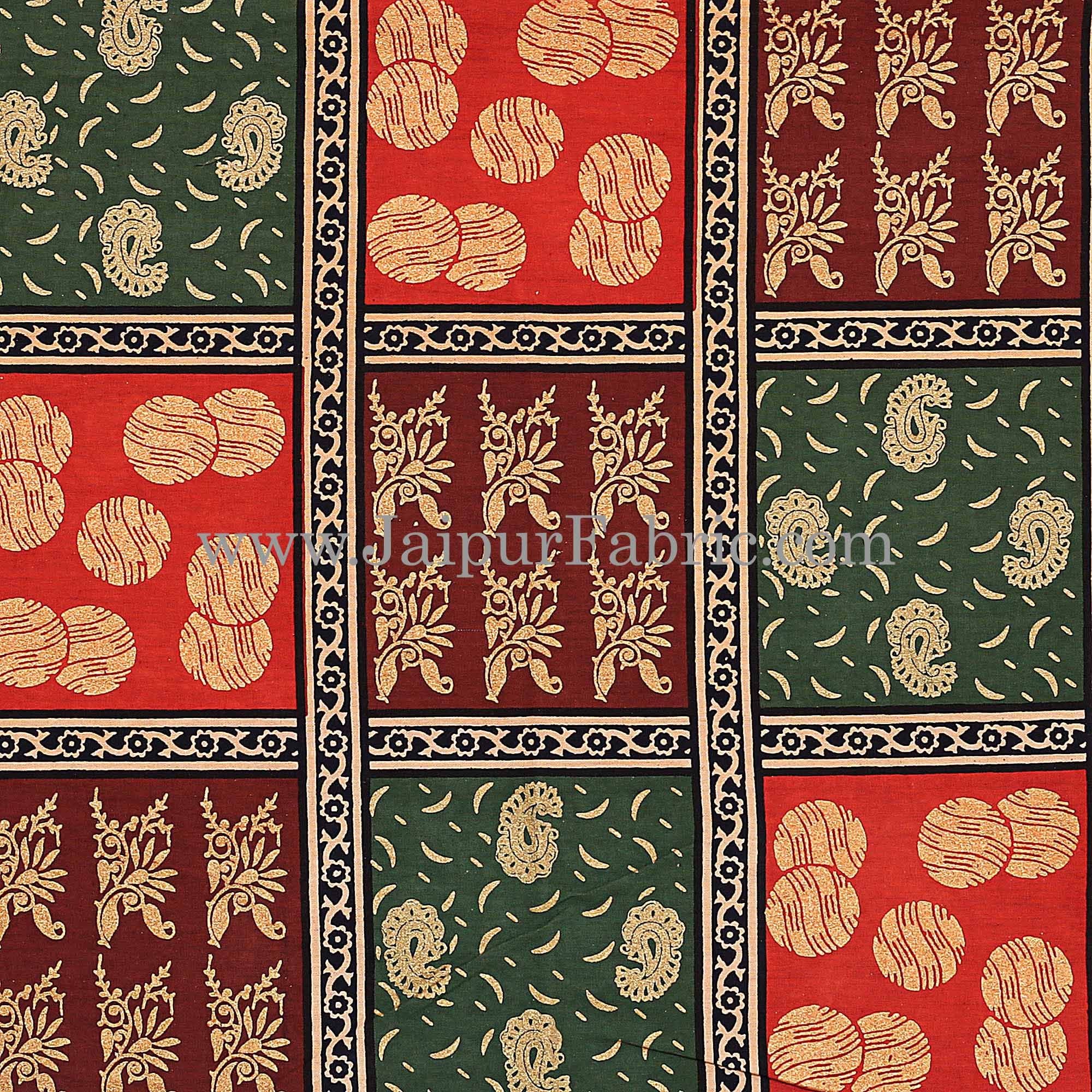 Black Border With Maroon Green And Red Check With Elephant Pattern Golden Print Super Fine Cotton Double Bedsheet