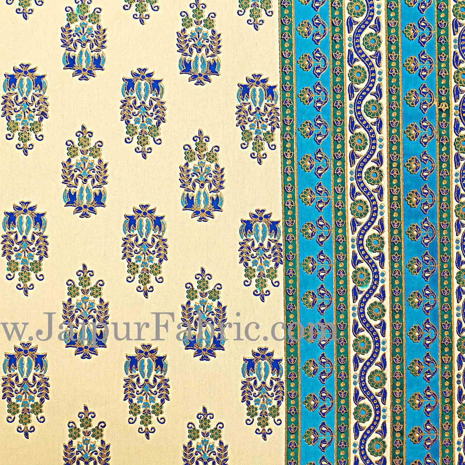 Green Border Cream Base Multi Border Small Booti With Golden Print Super Fine Cotton Double Bedsheet