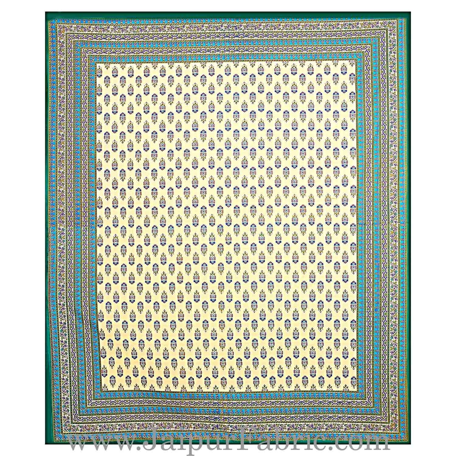 Green Border Cream Base Multi Border Small Booti With Golden Print Super Fine Cotton Double Bedsheet