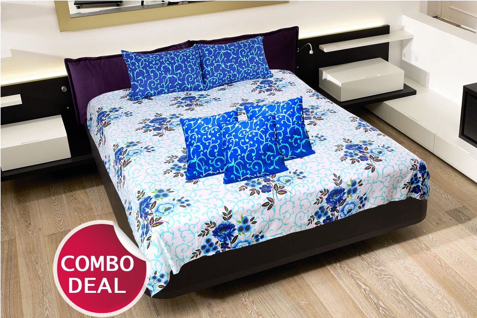 COMBO15 - Set Of Double Bed Sheet and 3 Cushion Covers