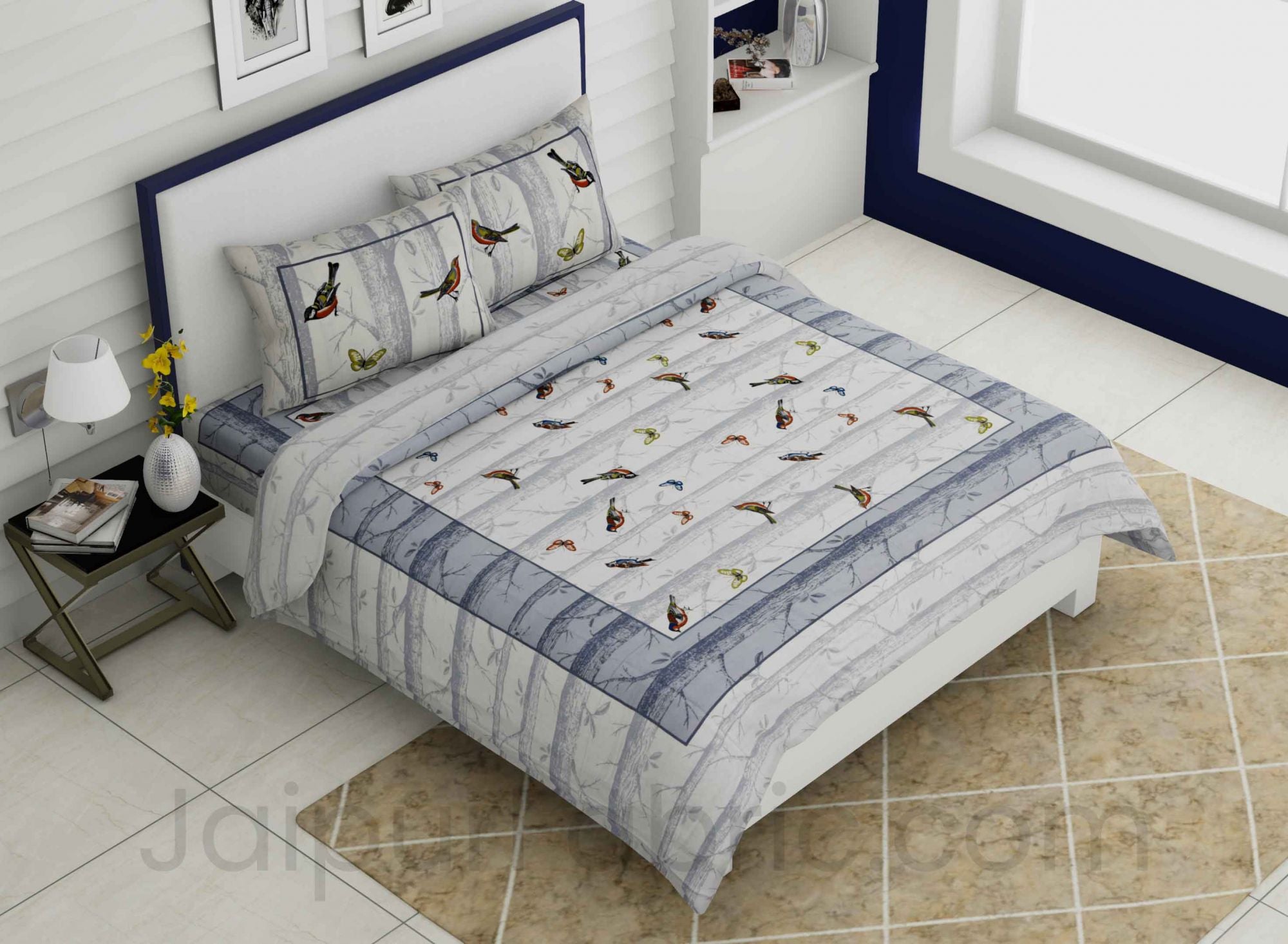 Alexa Bird Pattern Grey Sparrow King Size Double Bedsheet