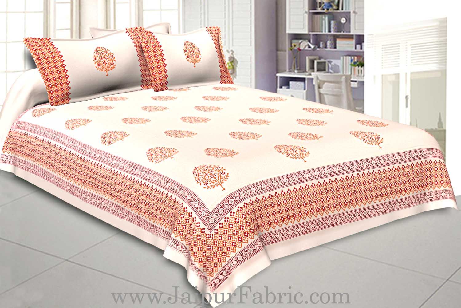 Double Bed Sheet White Base With Kadi Print Orange Buta Hand Block Print Super Fine Cotton