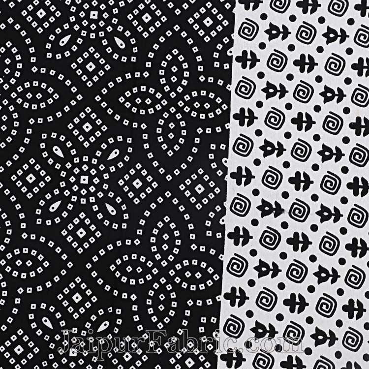 Black Border White Base Bandhej Pattern Screen Print Cotton Double Bed Sheet