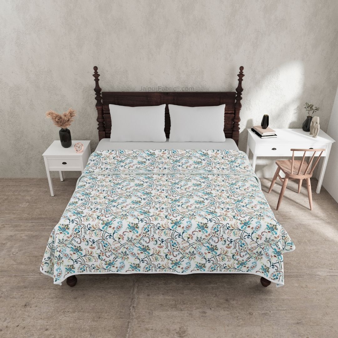Paisley Trails Aqua Combo of Pure Cotton Double Bedsheet and Double Bed Dohar
