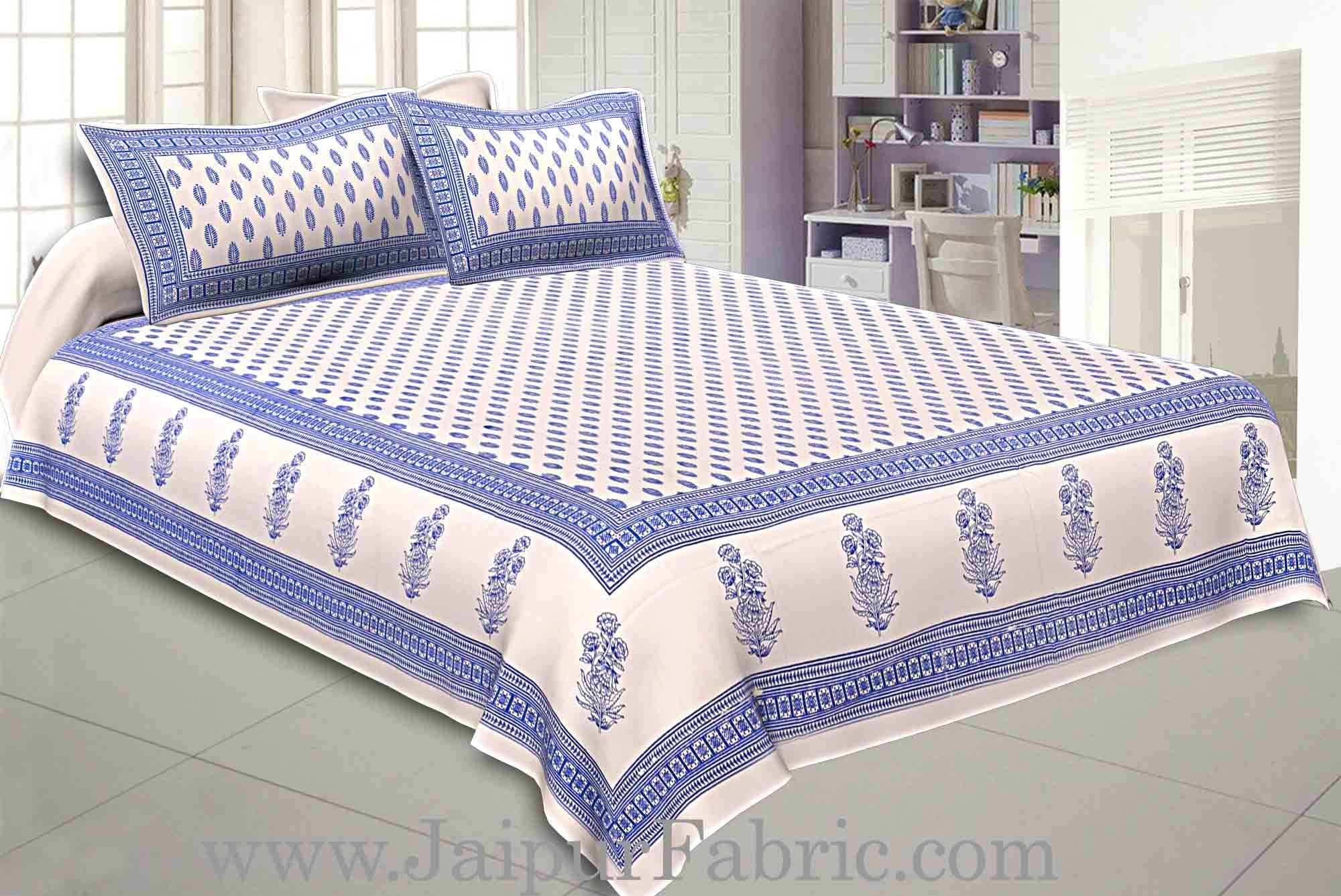 Double Bedsheet Blue Border White Base Small Leaf Print With Two Pillow Cover