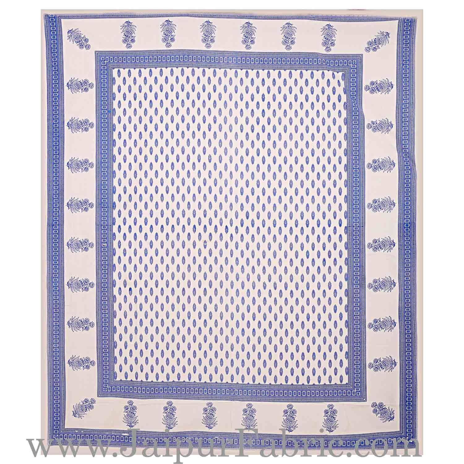 Double Bedsheet Blue Border White Base Small Leaf Print With Two Pillow Cover
