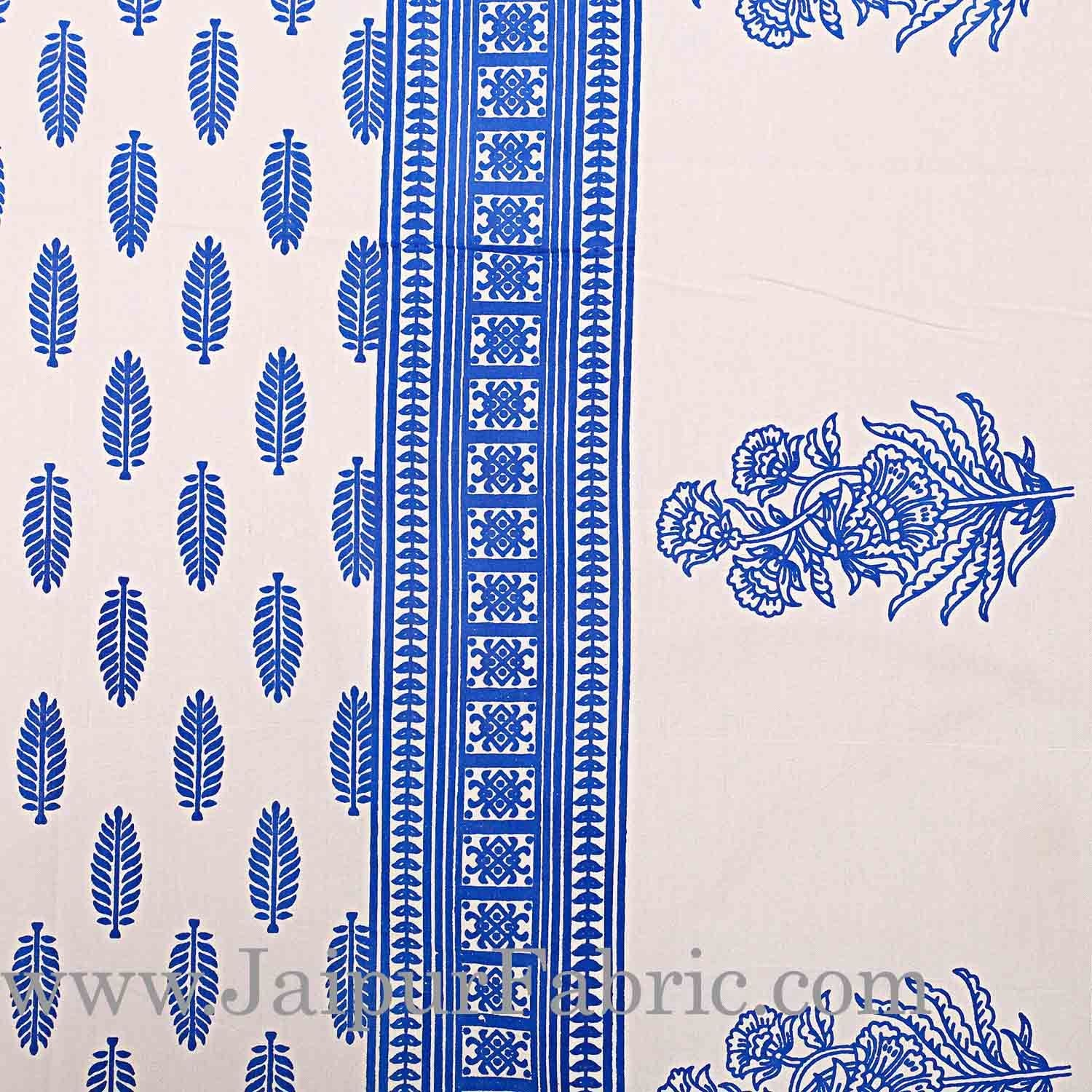 Double Bedsheet Blue Border White Base Small Leaf Print With Two Pillow Cover