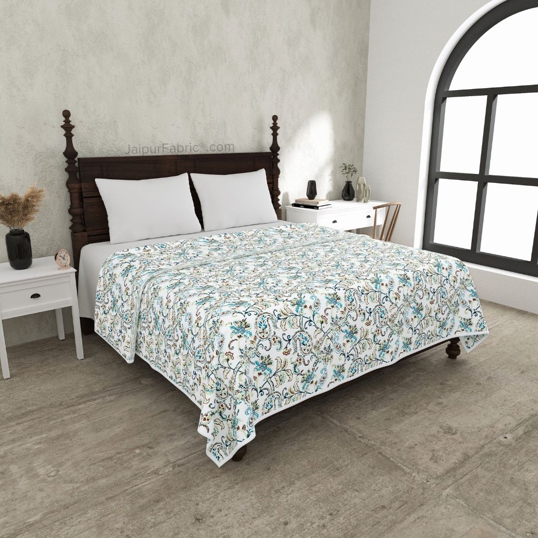 Paisley Trails Aqua Combo of Pure Cotton Double Bedsheet and Double Bed Dohar