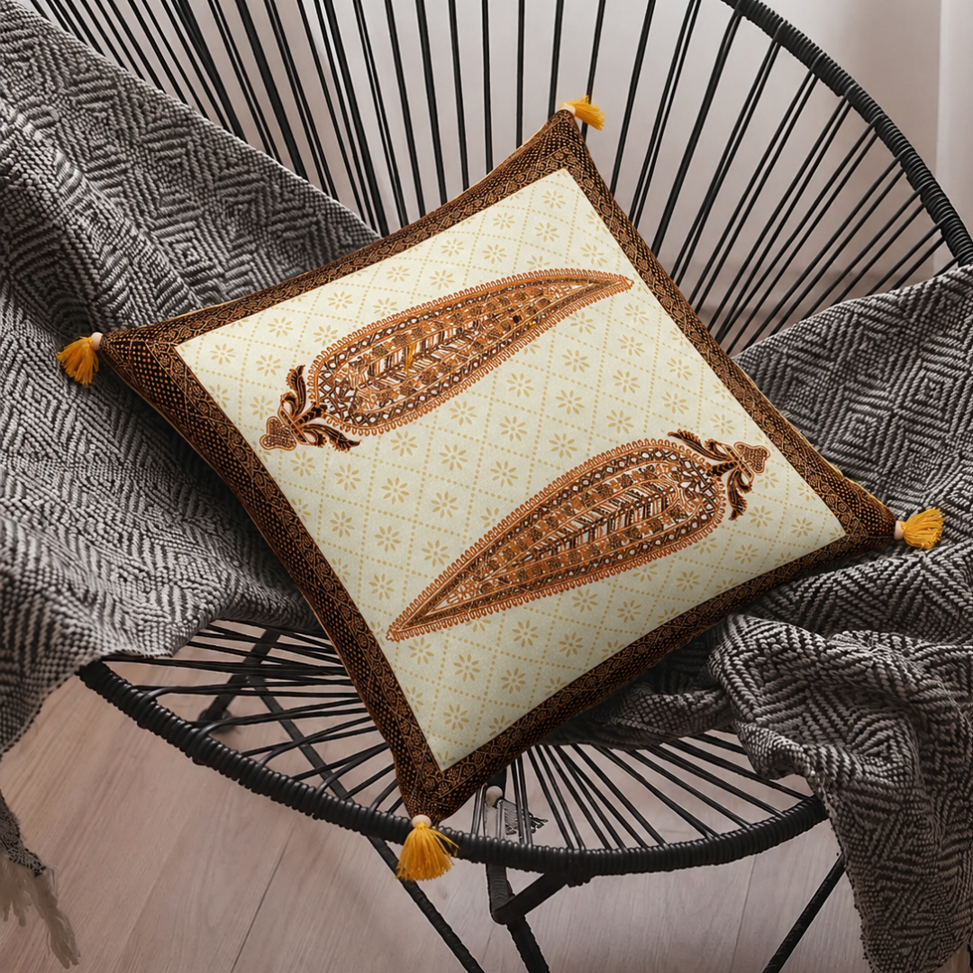 Cream Base Golden Leaves Brown Border Cotton Cushion Cover