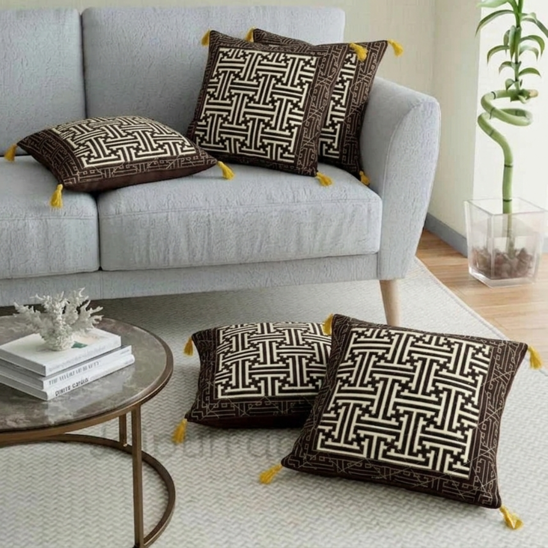Cream Base Black Border Maze Design Cotton Cushion Cover