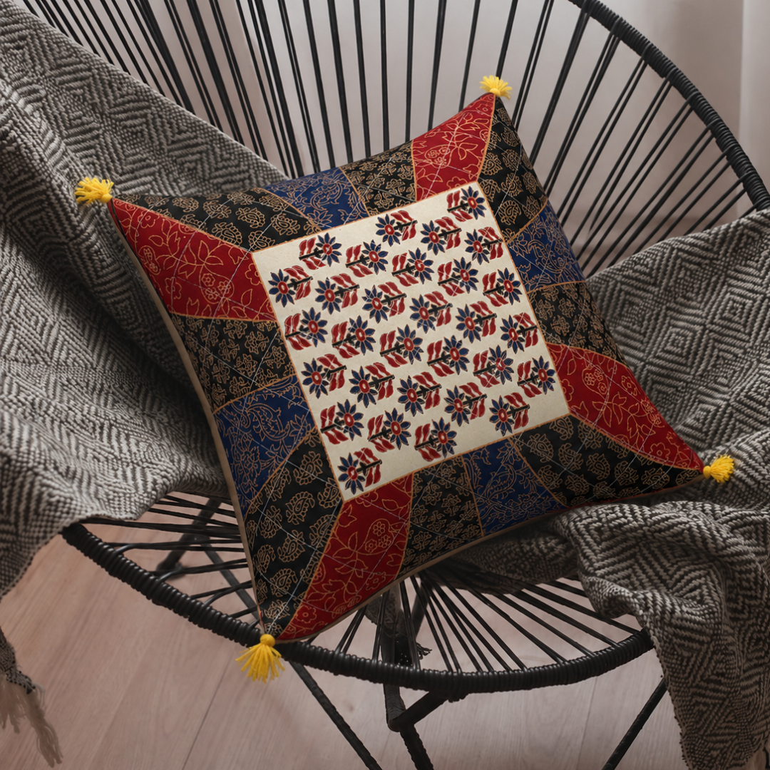 Golden Print Multi Colour Central Square Floral Print Cushion Cover