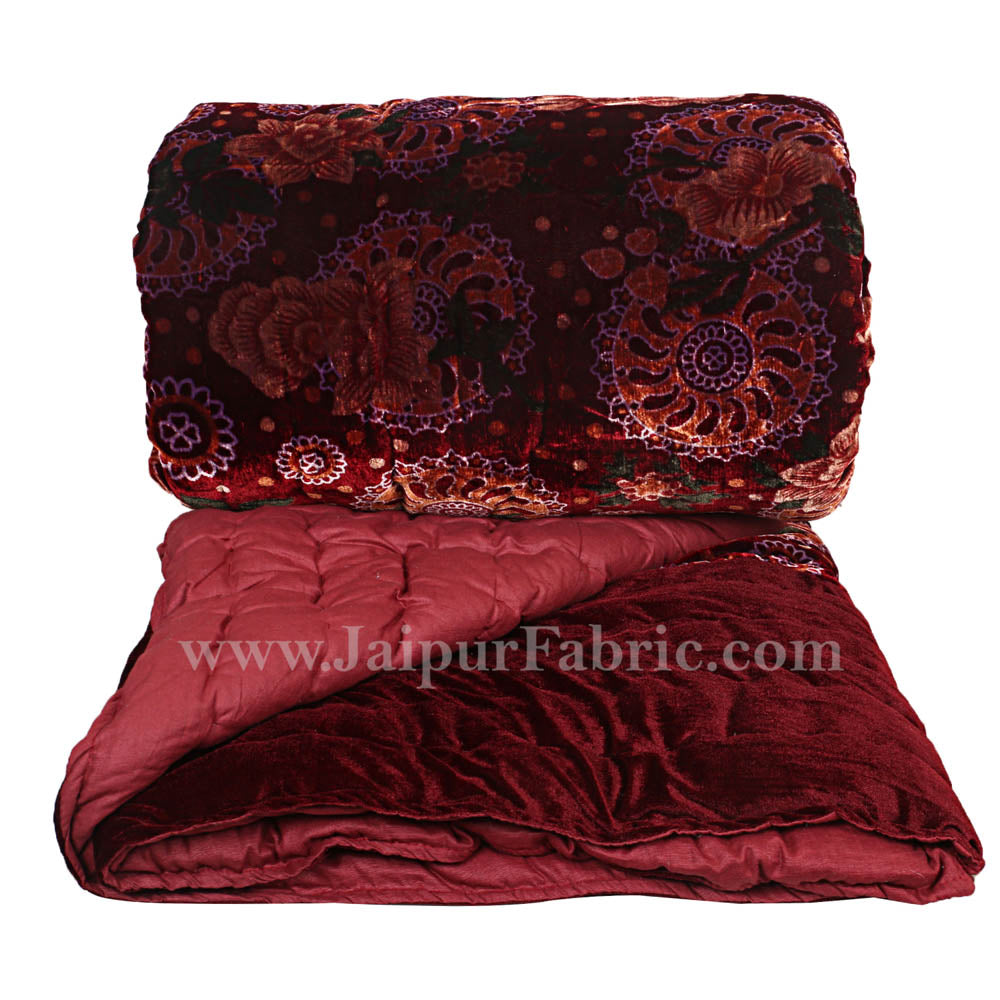 Velvet Cloth Single Bed Quilt Jaipuri Razai Dark Maroon Shaneel 