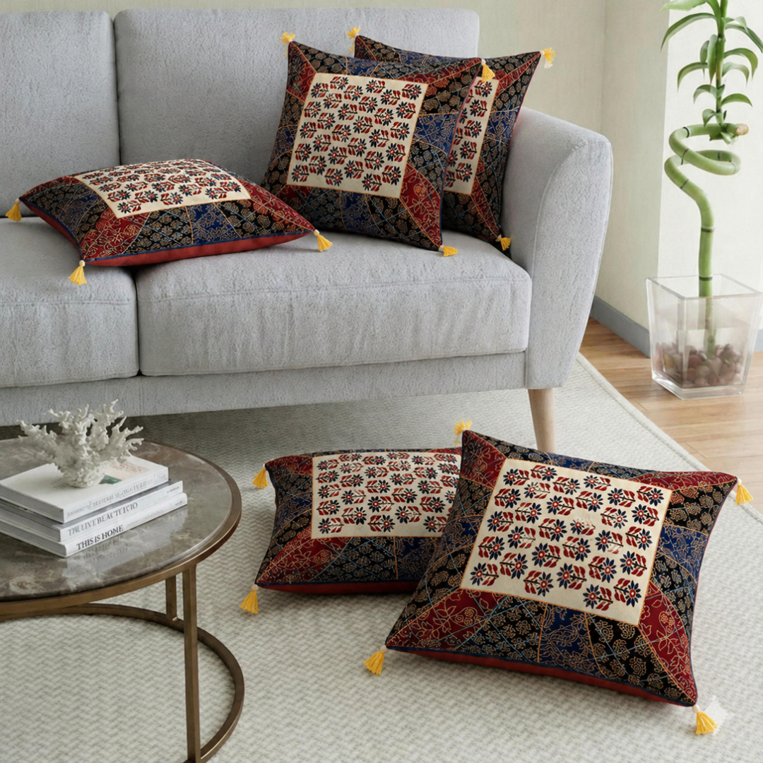 Golden Print Multi Colour Central Square Floral Print Cushion Cover