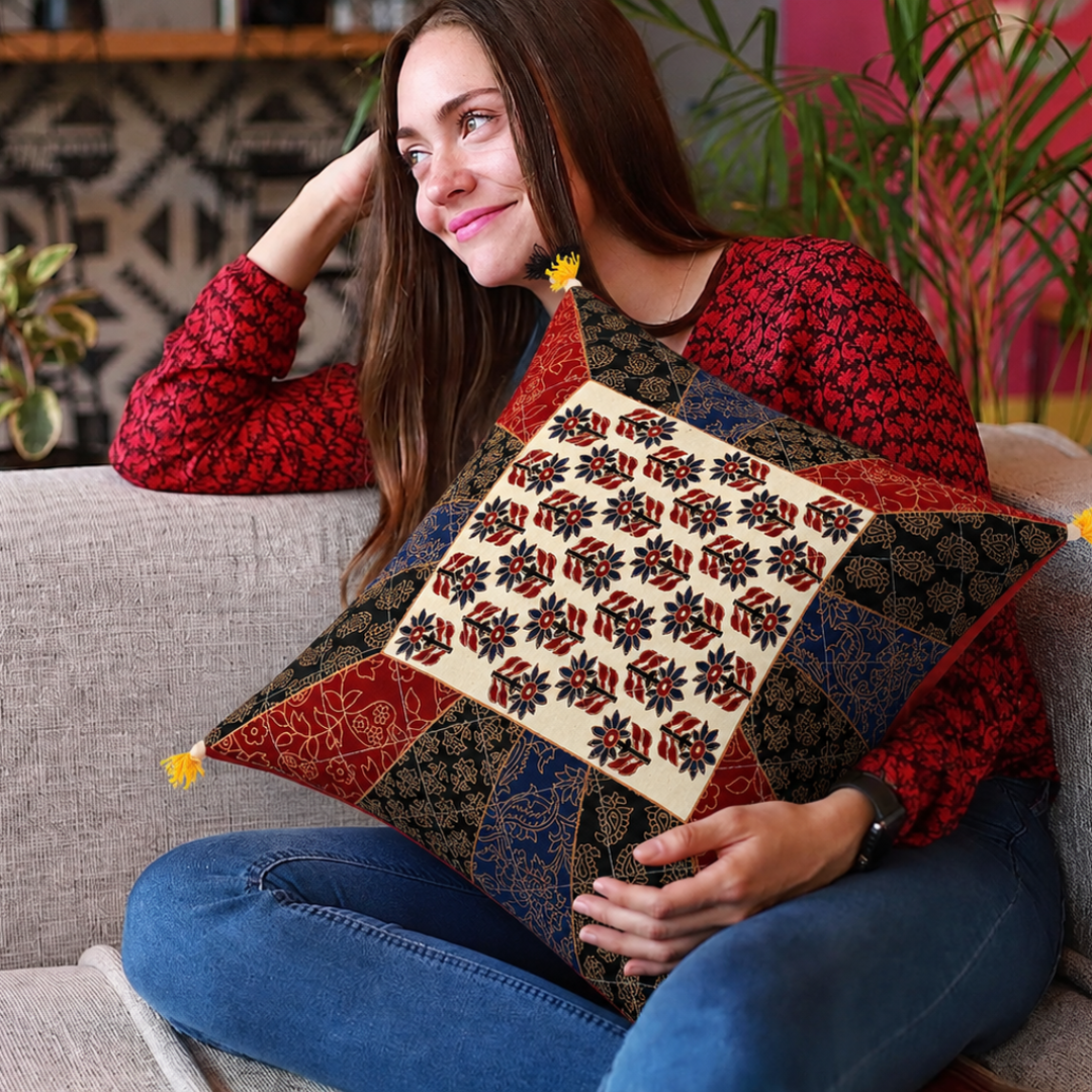 Golden Print Multi Colour Central Square Floral Print Cushion Cover