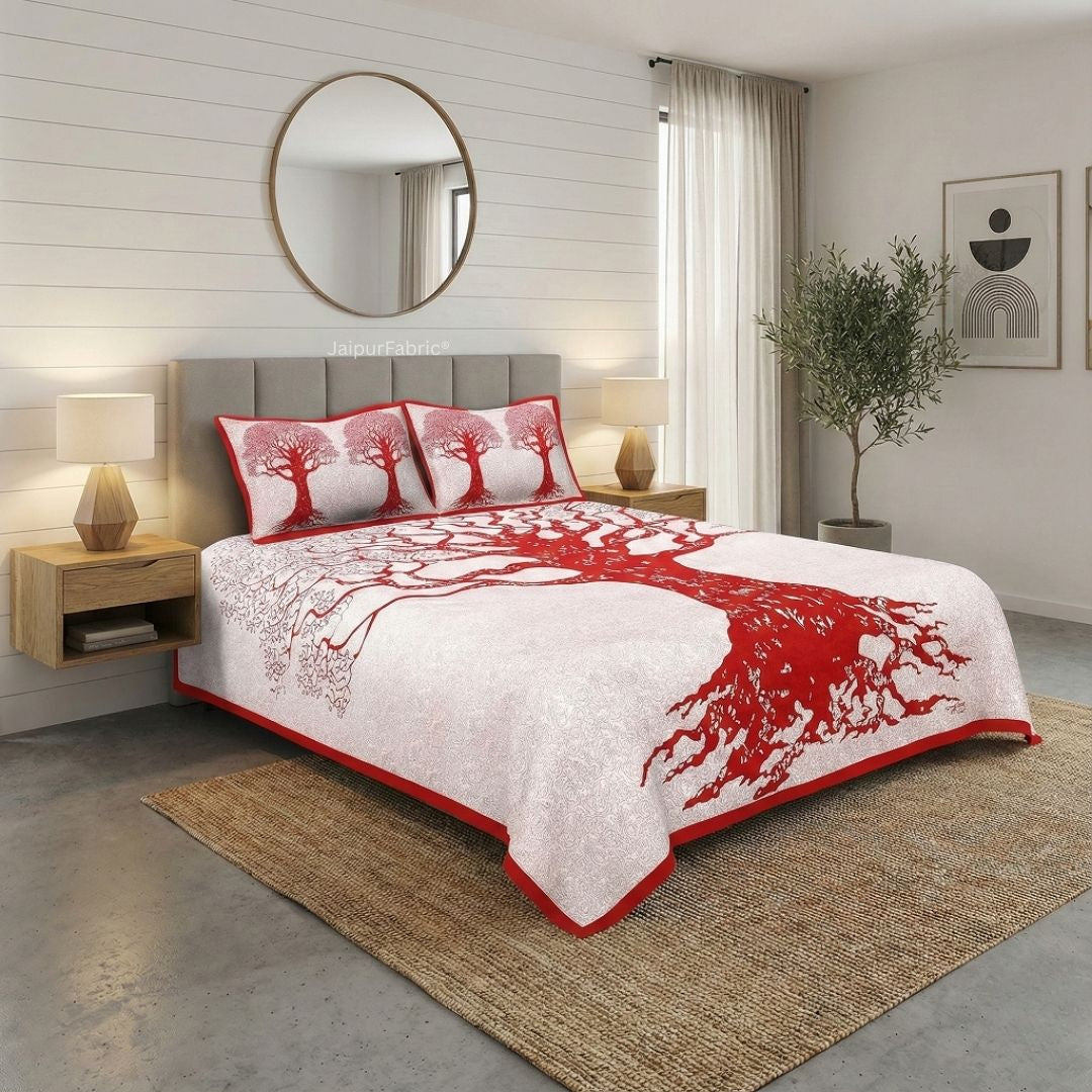 Red Border Light Cream base Big Tree Pattern Super Fine Cotton Double Bed Sheet
