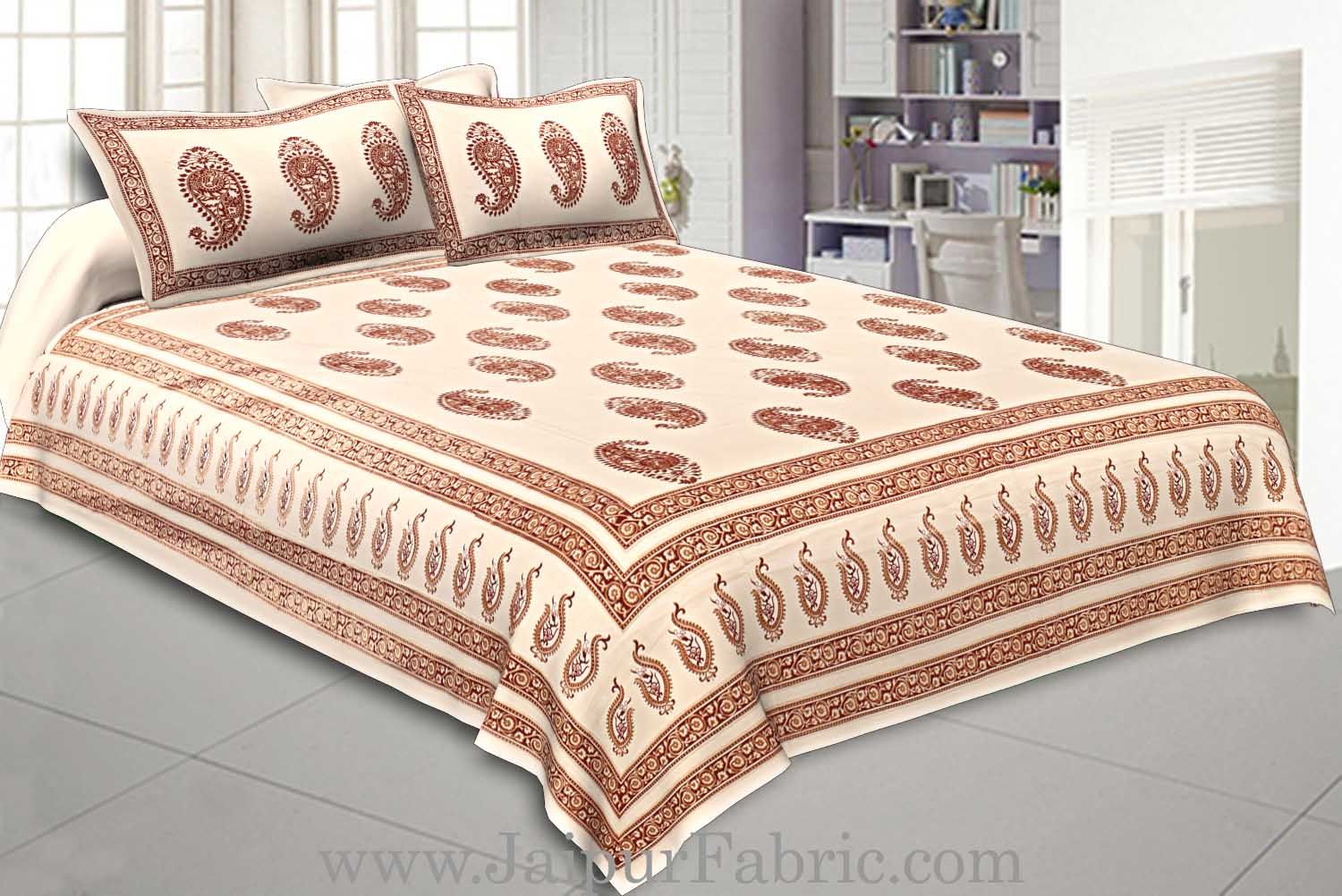 Double Cotton Bed Sheet Cream Base With Golden hand Block Paisley Print