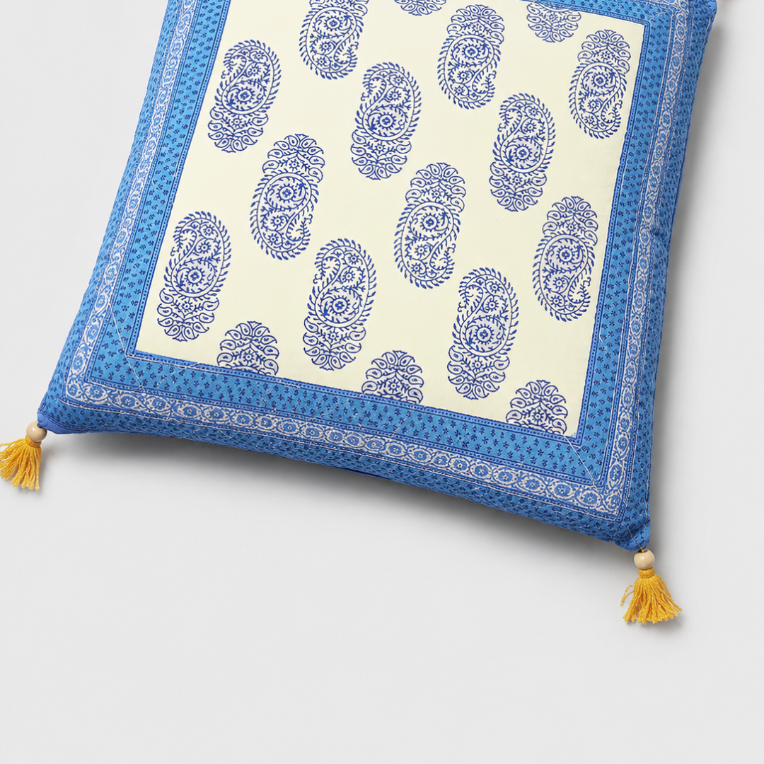 Blue Border Keri Block Print Cotton Cushion Cover