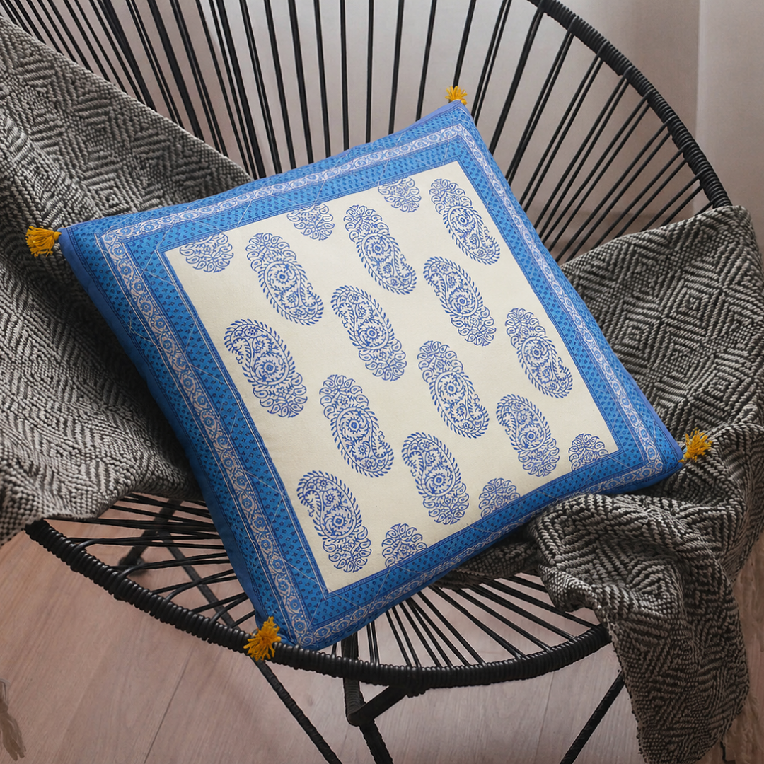 Blue Border Keri Block Print Cotton Cushion Cover