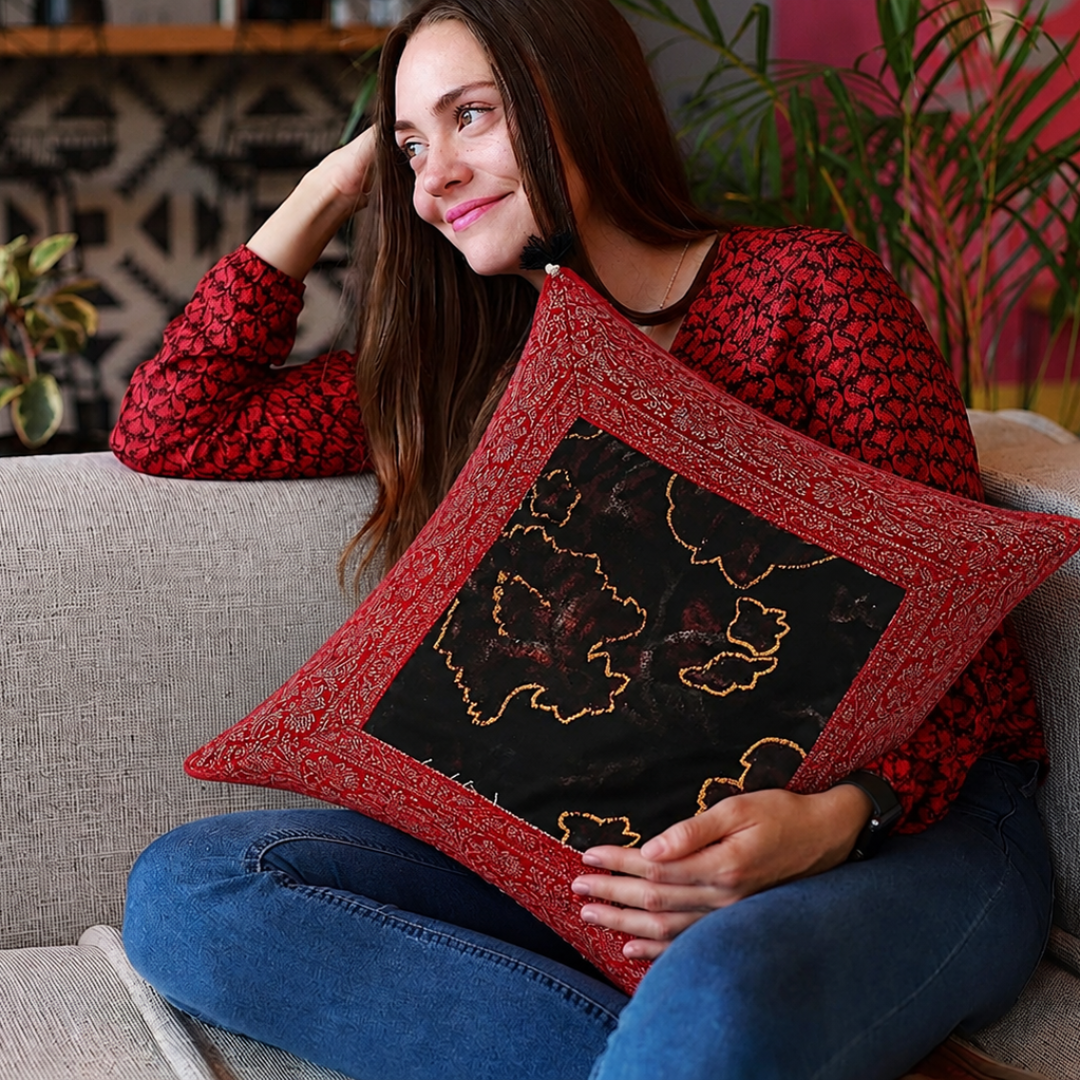Brown Base Gota Work Red Border Floral Print Velvet Cushion Cover