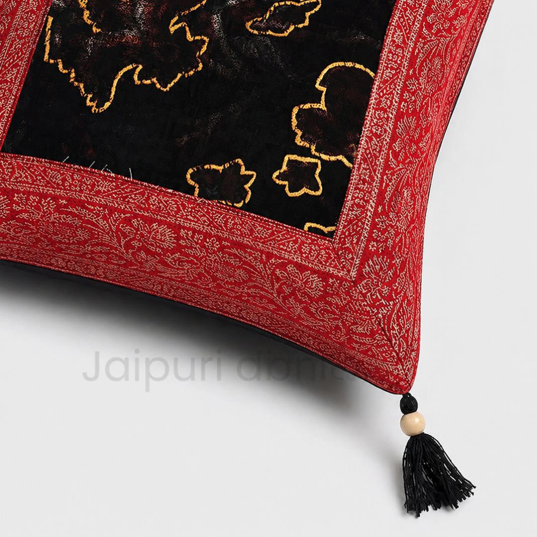 Brown Base Gota Work Red Border Floral Print Velvet Cushion Cover