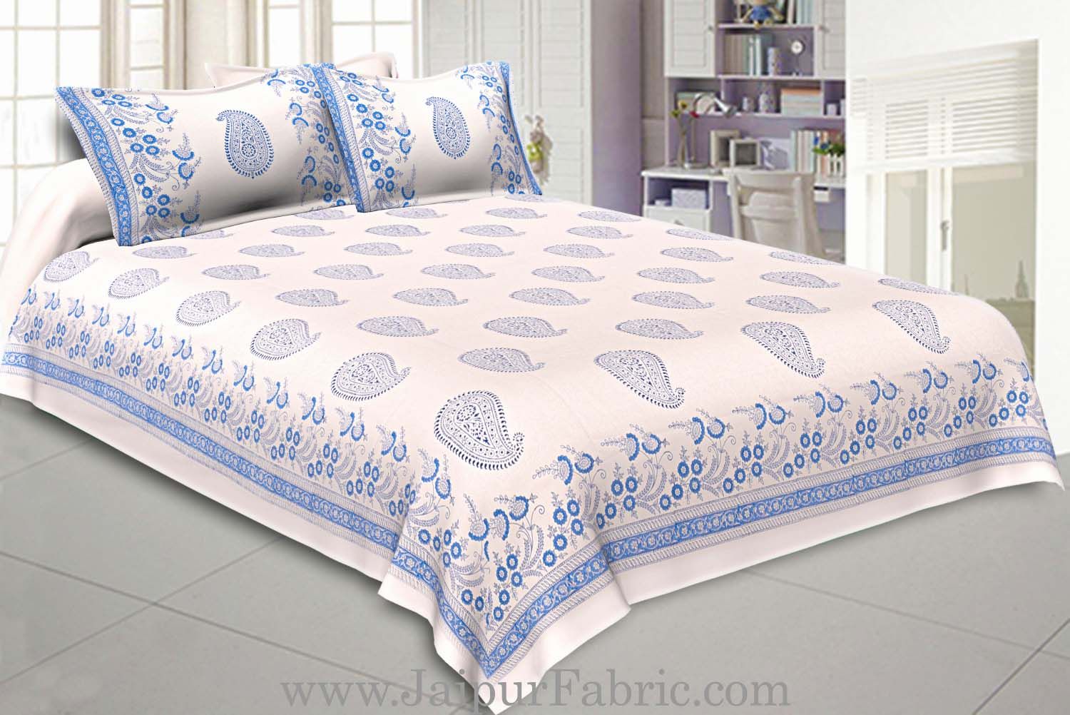 Double Bed Sheet White Base With Kadi Print Blue Rajasthani Buta Hand Block Print Super Fine Cotton