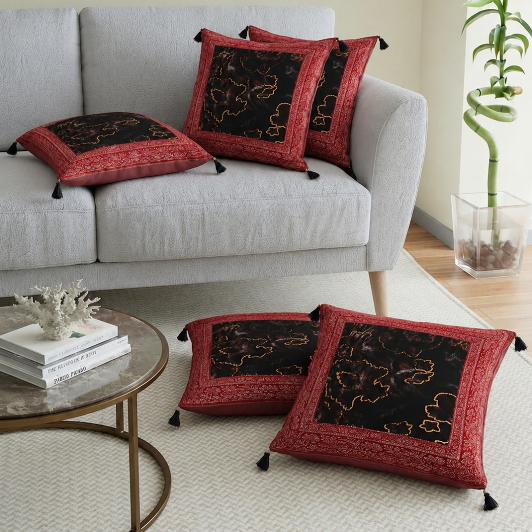 Brown Base Gota Work Red Border Floral Print Velvet Cushion Cover