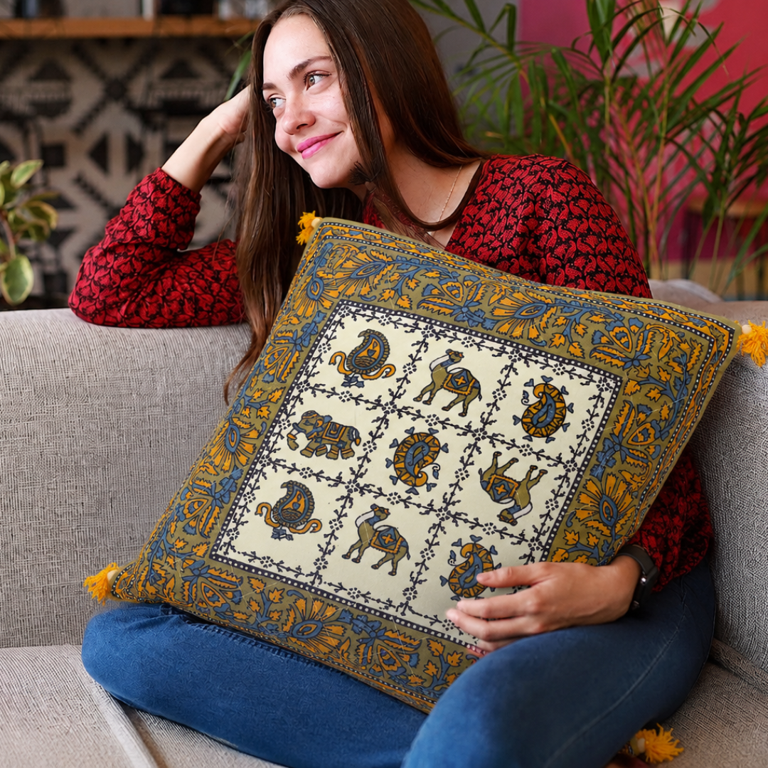 Green Border Block Cotton Cushion Cover