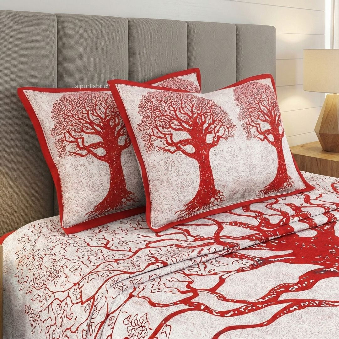 Red Border Light Cream base Big Tree Pattern Super Fine Cotton Double Bed Sheet