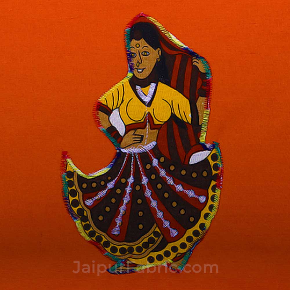 Applique Orange Rajasthani Dance Jaipuri Hand Made Embroidery Patch Work Double Bedsheet
