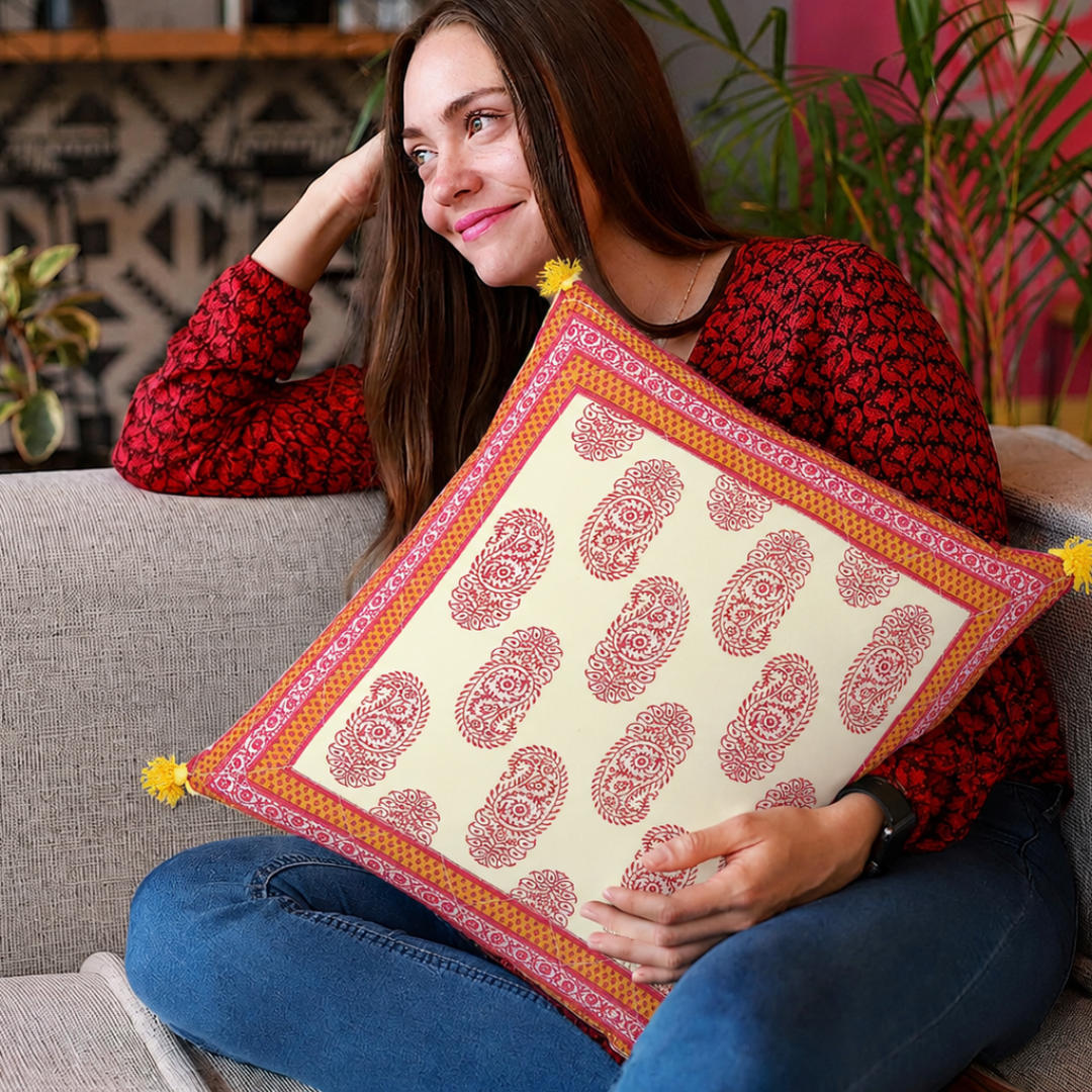 Orange Border Keri Block Print Cotton Cushion Cover