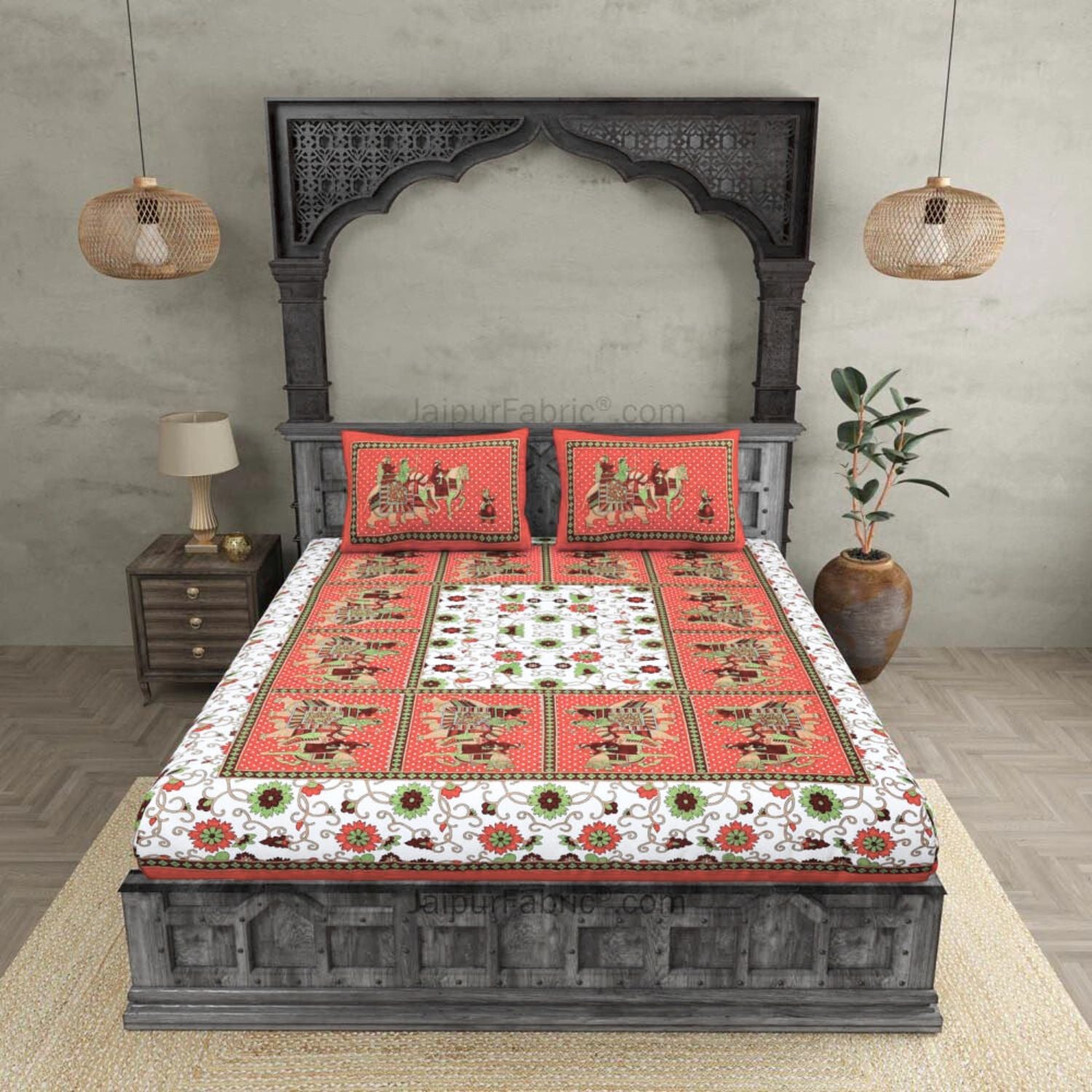 Maroon Border Big Elephant Printed Cotton Double Bed Sheet