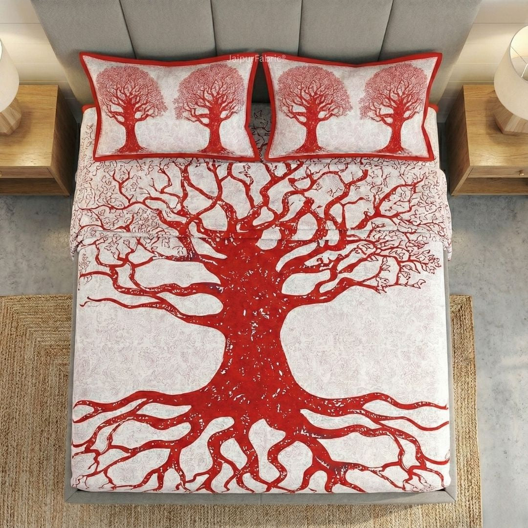 Red Border Light Cream base Big Tree Pattern Super Fine Cotton Double Bed Sheet