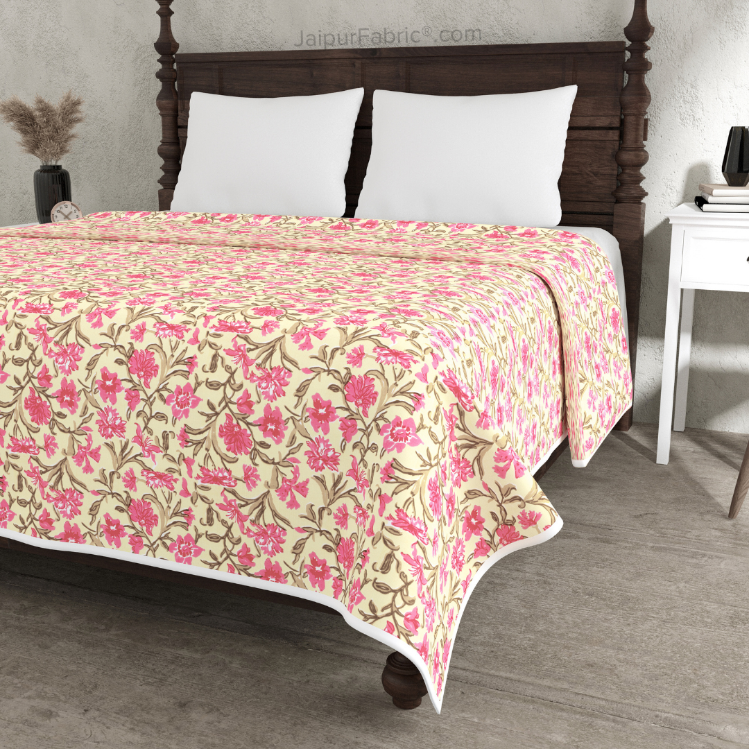 Pure Cotton Double Bed Dohar Anokhi Print – Kanaklata Vine Yellow & Pink