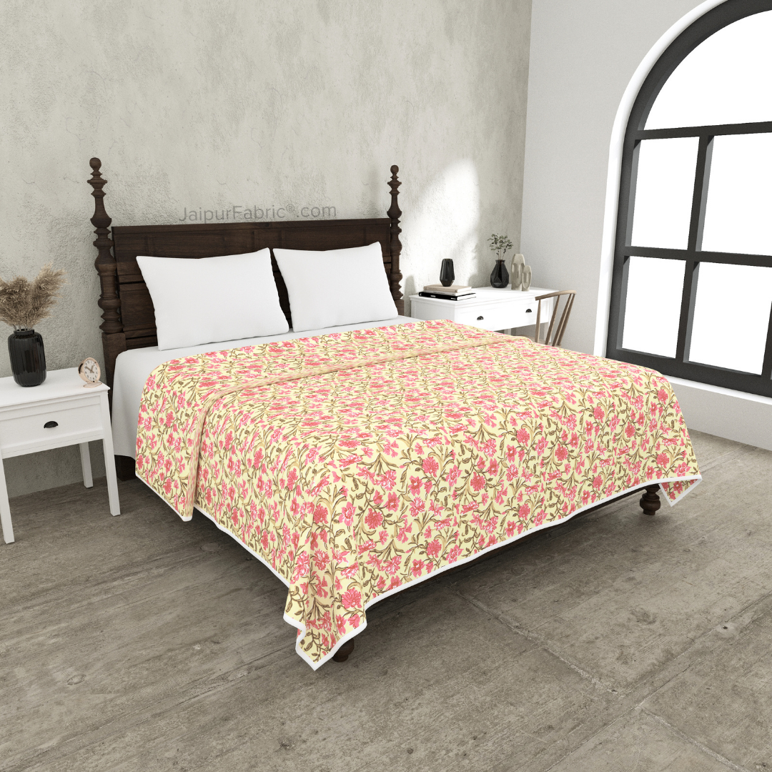 Pure Cotton Double Bed Dohar Anokhi Print – Kanaklata Vine Yellow & Pink