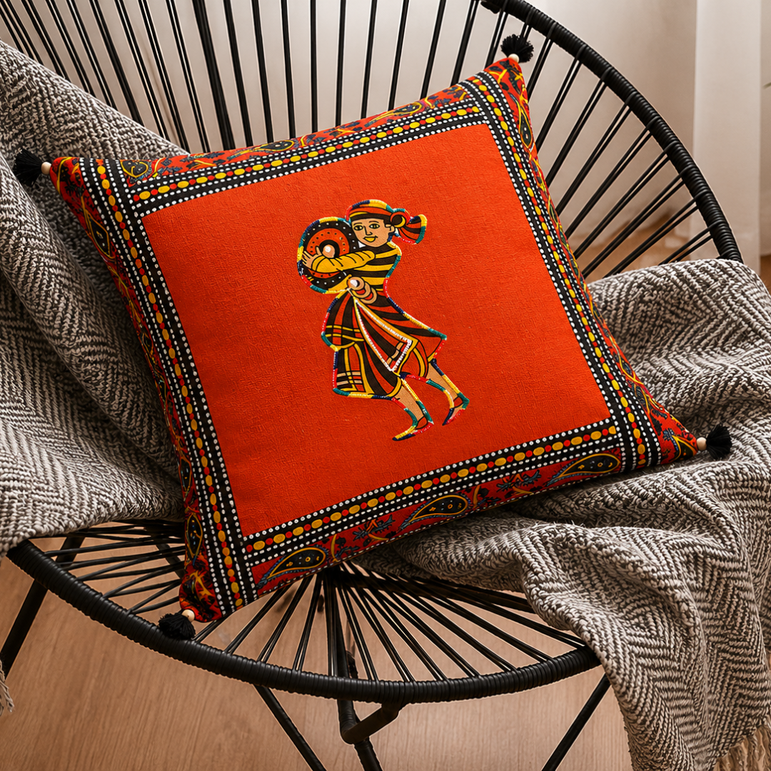 Applique Orange Chang Dance Jaipuri Hand Made Embroidery Patch Work Cushion Cover