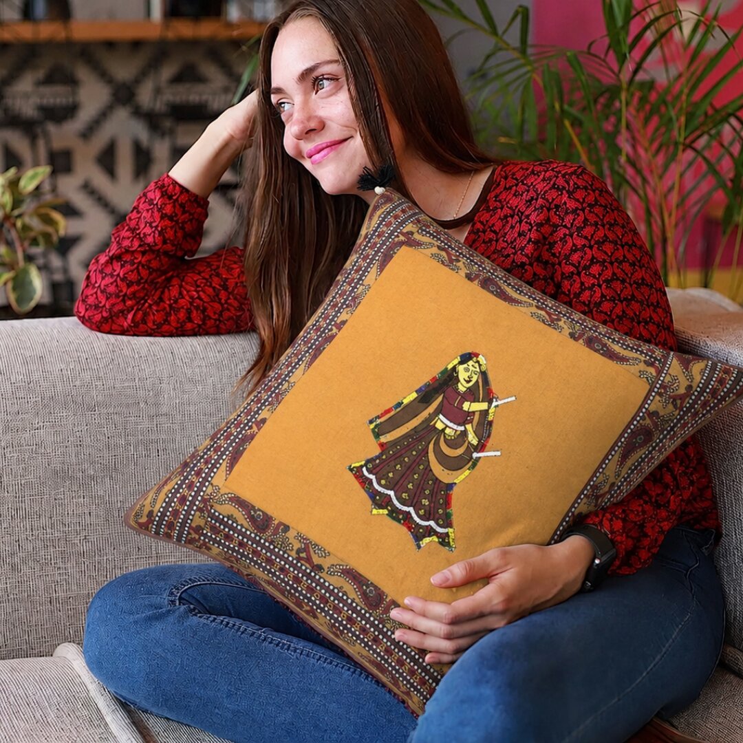 Brown Dance Design Patchwork & Applique Cushion Cover