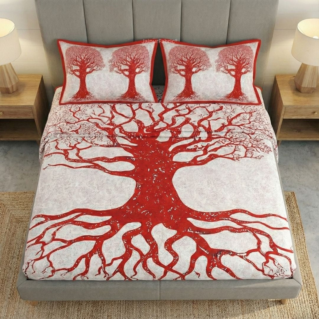 Red Border Light Cream base Big Tree Pattern Super Fine Cotton Double Bed Sheet