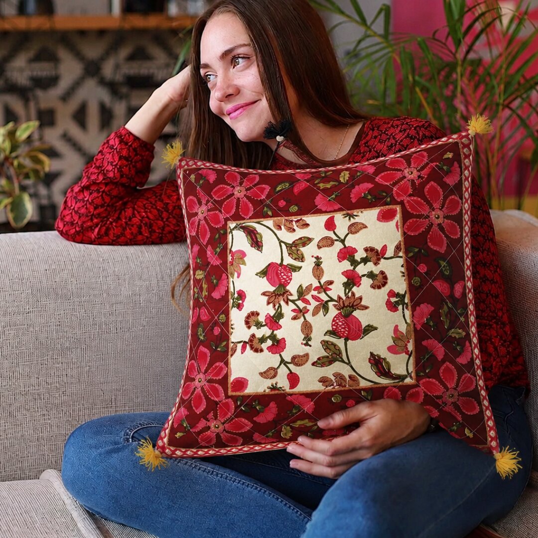 Maroon Base Pink Flower Pattern Cotton Cushion Cover
