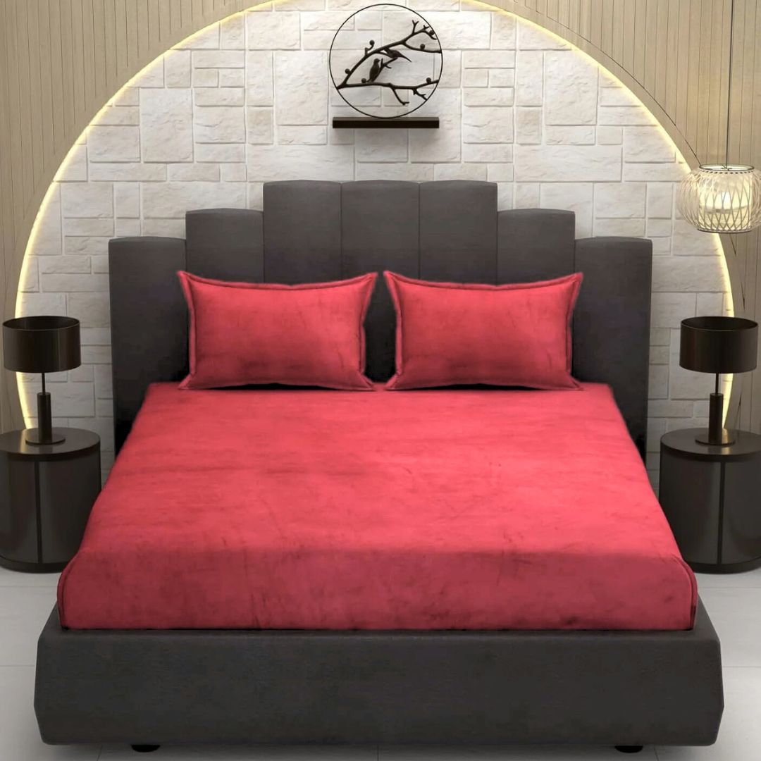 Red Super Soft Velvet Double Bedsheet with Matching Pillow Covers