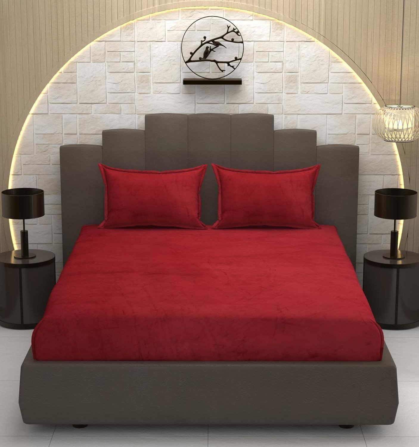 Wine Red Super Soft Velvet Double Bedsheet with Matching Pillow Covers