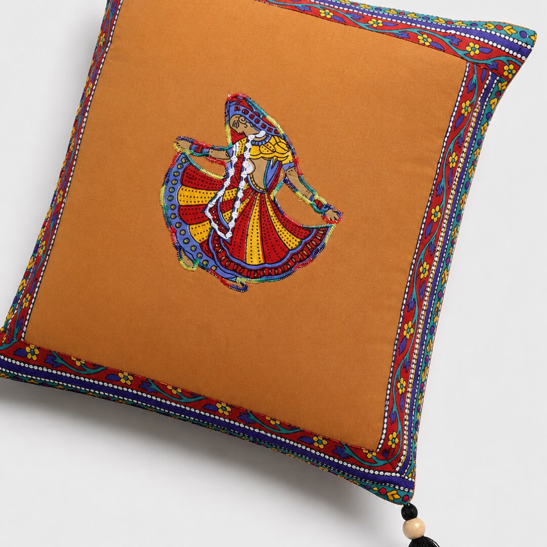 Brown Color Ghoomar Patch Work Cotton Cushion Cover
