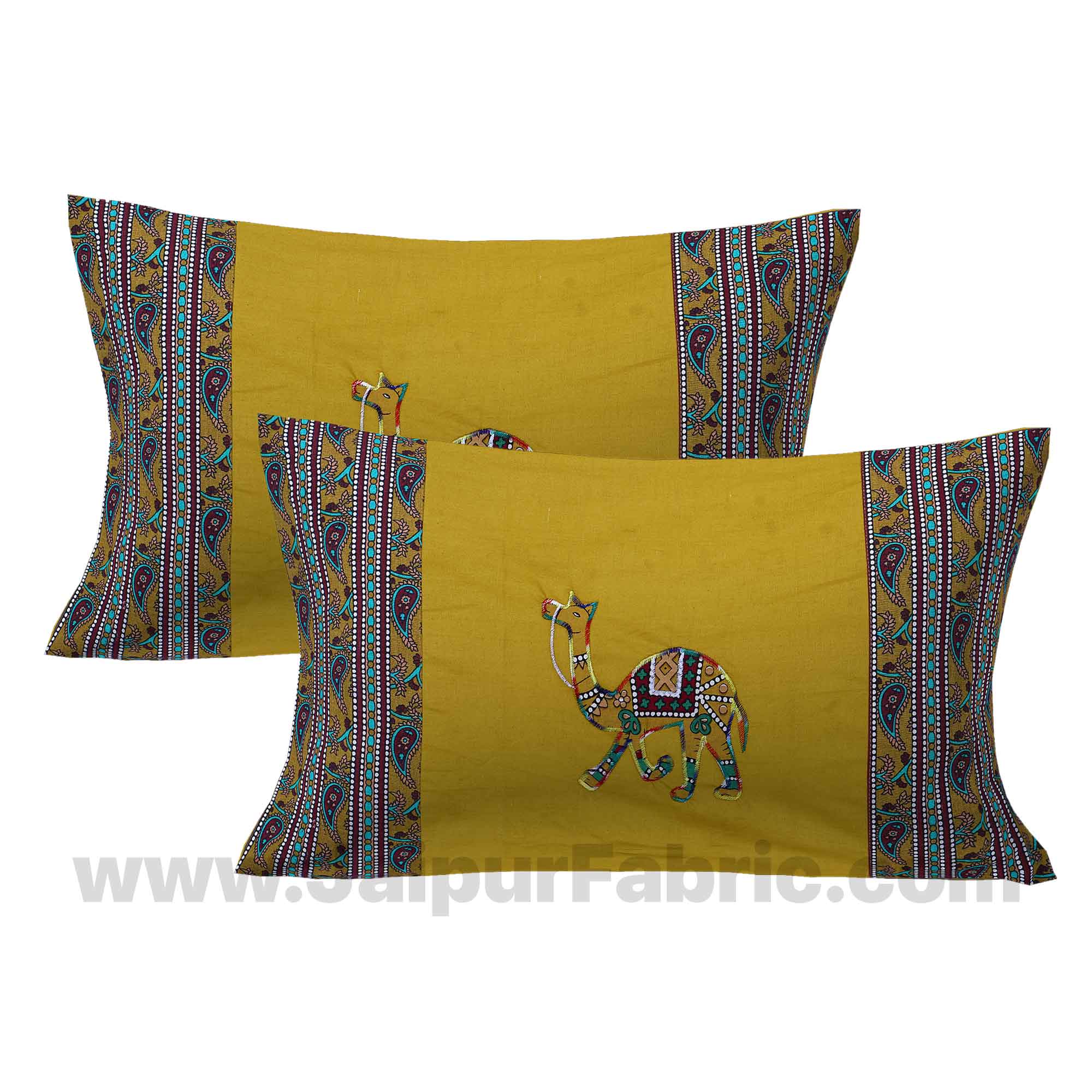Applique Mehandi Green Camel Jaipuri Hand Made Embroidery Patch Work Double Bedsheet