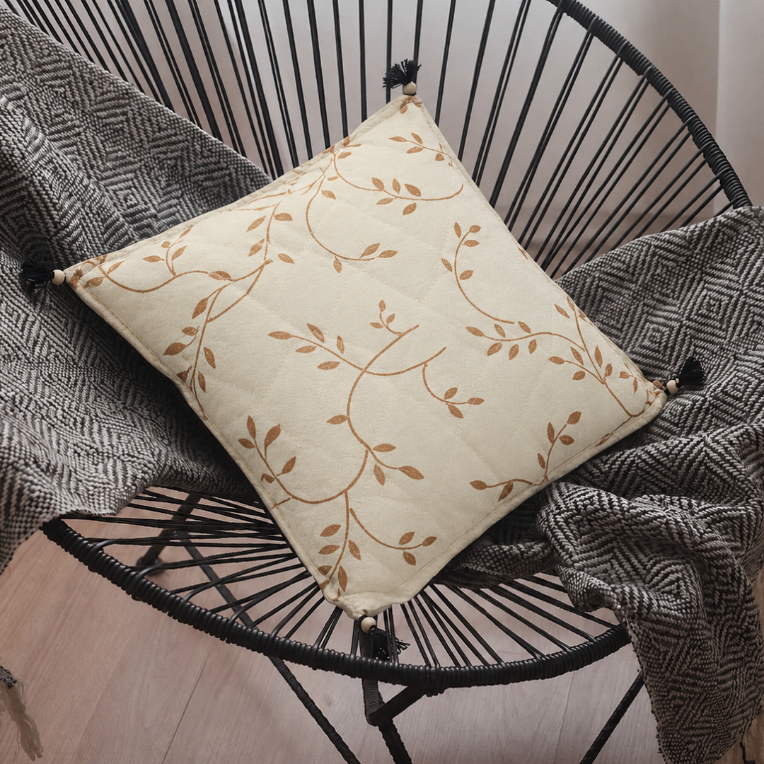 Cream Base Golden Leaf Print Cotton Cushion Cover