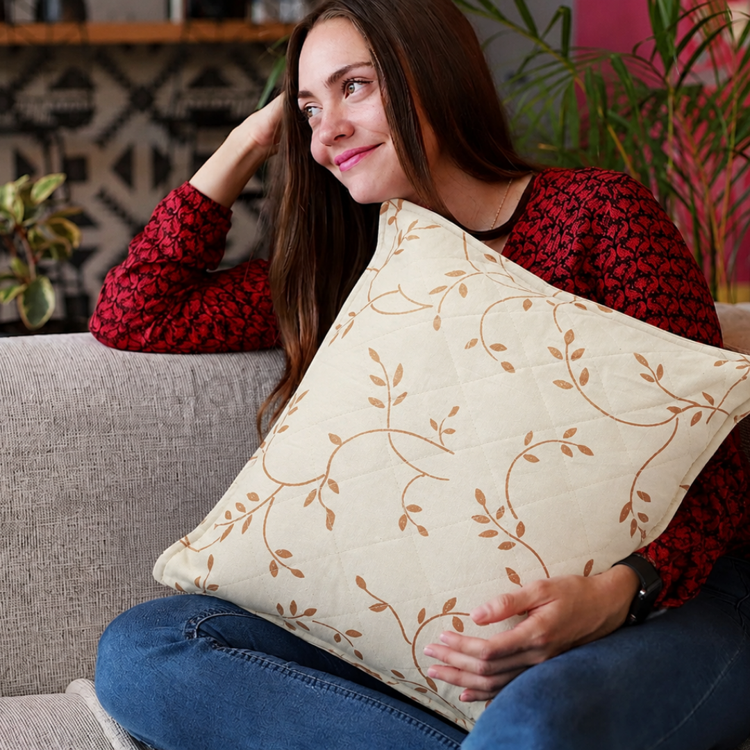 Cream Base Golden Leaf Print Cotton Cushion Cover