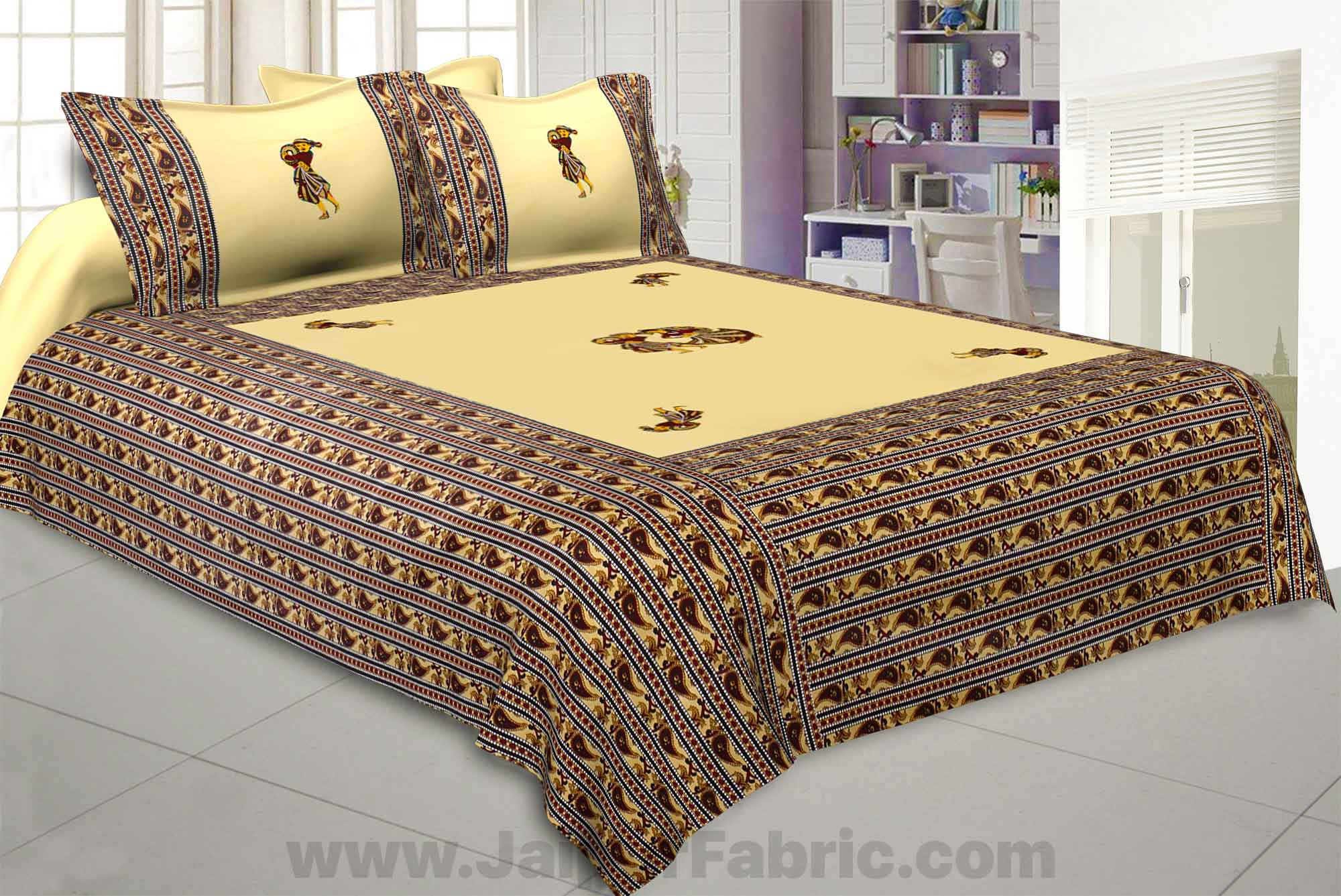 Applique Cream Chang Dance Jaipuri Hand Made Embroidery Patch Work Double Bedsheet