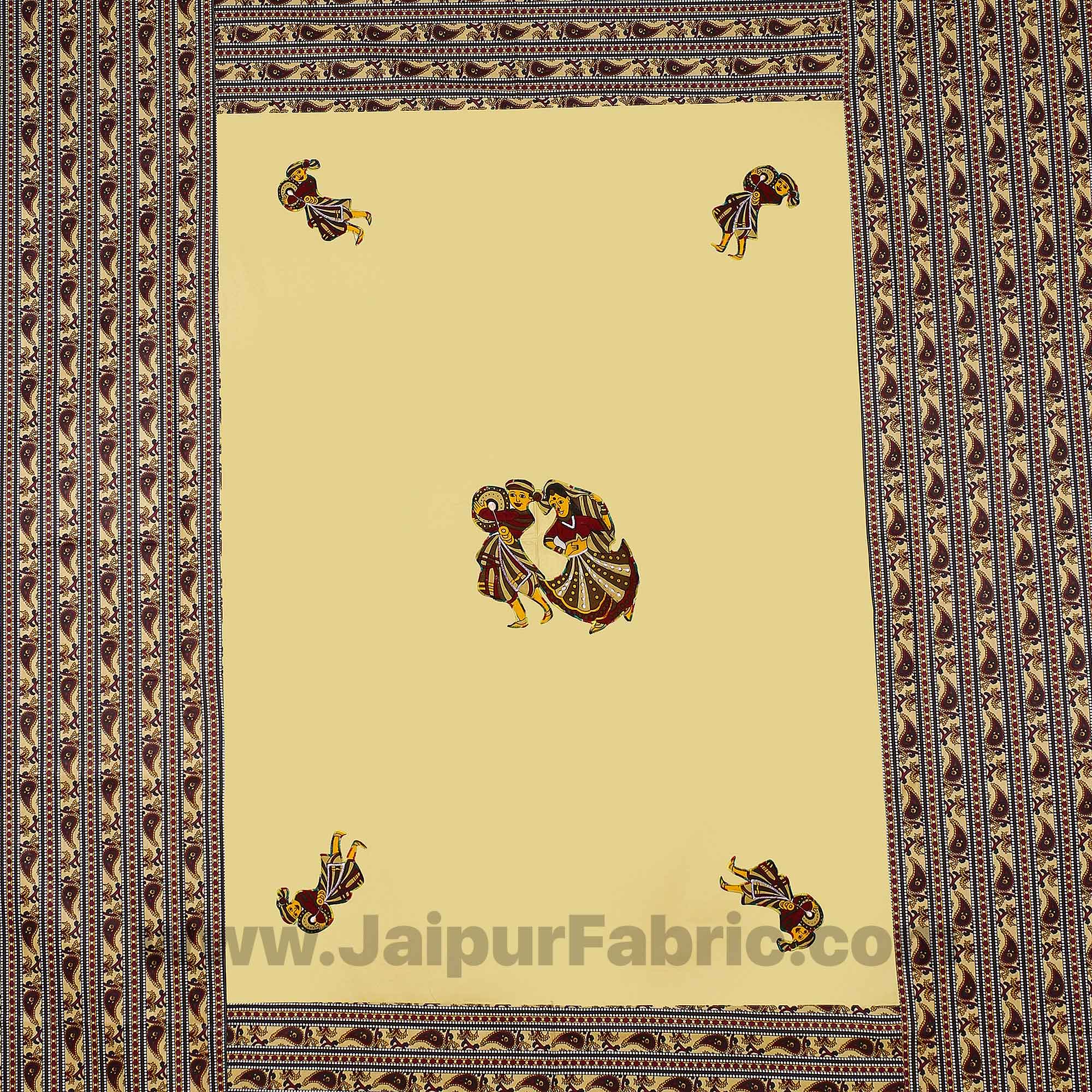 Applique Cream Chang Dance Jaipuri Hand Made Embroidery Patch Work Double Bedsheet