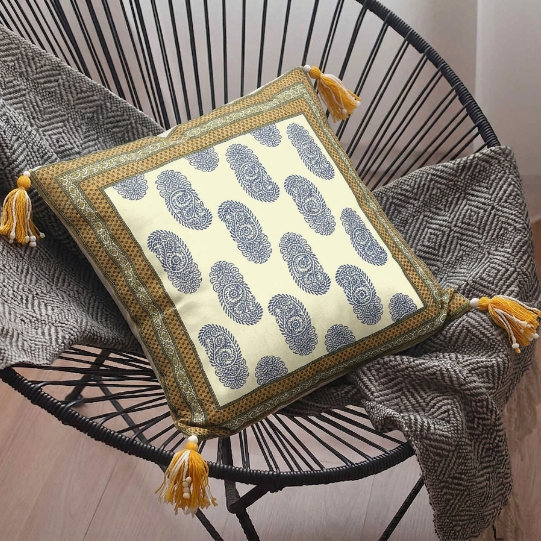 Olive Color Border Keri Block Print Cotton Cushion Cover