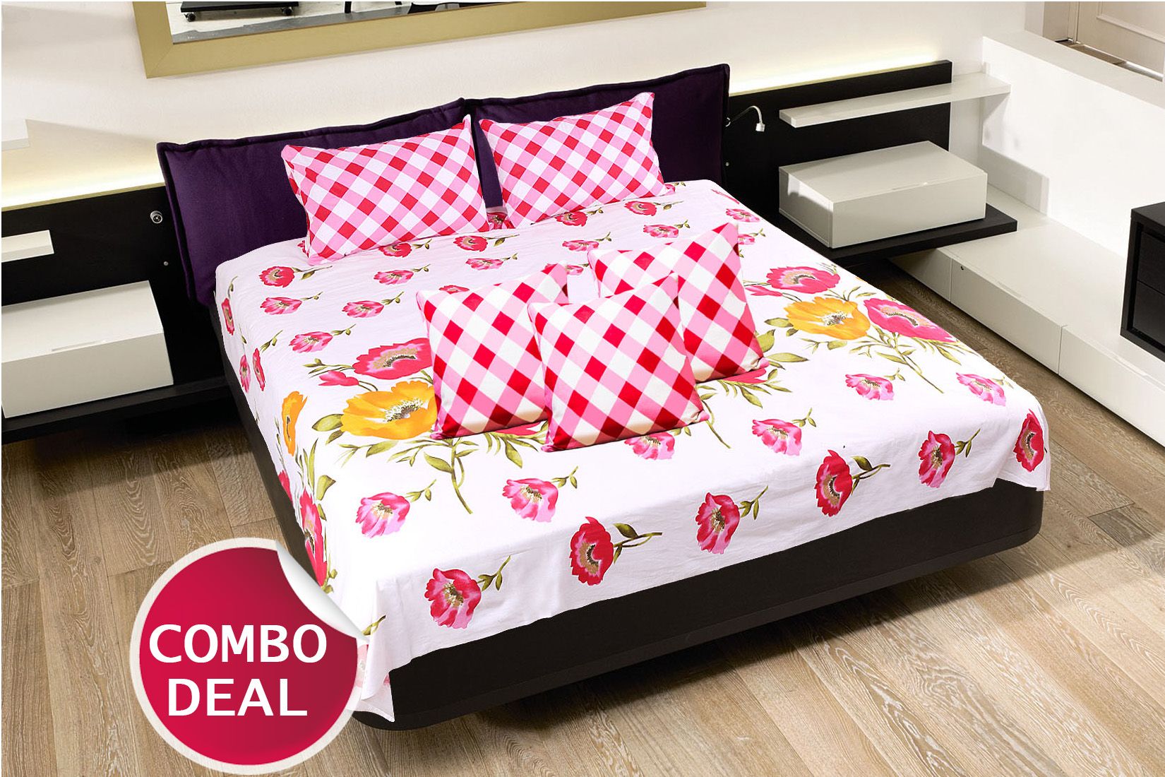 COMBO22 - Set Of Double Bed Sheet and 3 Cushion Covers
